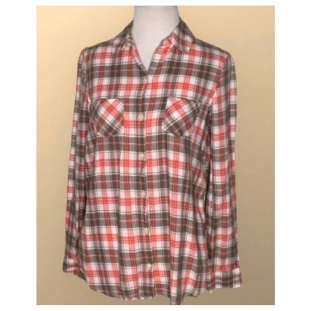 Old Navy Orange & Gray Long Sleeve Button Front Casual Flannel Collared Shirt XS